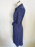 LAUNDRY BY SHELLI SEGAL BLUE PRINT STRETCH BUTTON FRONT BELTED DRESS SIZE 6 UK 10