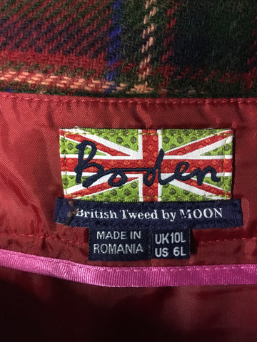 BODEN RED BRITISH TWEED BY MOON TARTAN WOOL SKIRT SIZE 10L