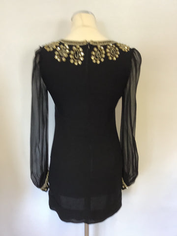 FRENCH CONNECTION BLACK SILK & GOLD BEAD & SEQUIN EMBELLISHED TRIM MINI DRESS SIZE 8
