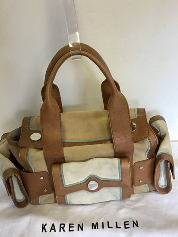 KAREN MILLEN TAN LEATHER & BEIGE,CREAM & TURQUOISE TRIM SUEDE HAND BAG