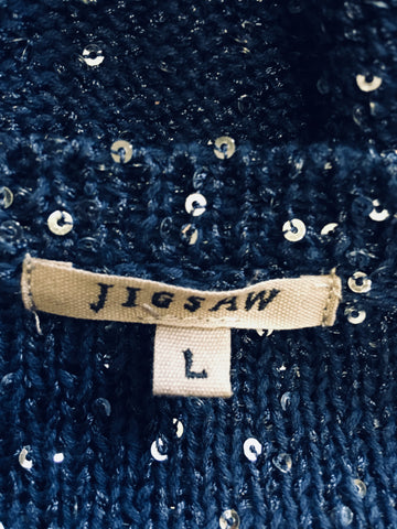 JIGSAW DARK BLUE & SILVER SEQUINNED CARDIGAN SIZE L