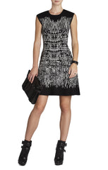 BCBGMAXAZRIA MELISSA BLACK & WHITE PAINTED HOUNDSTOOTH A LINE DRESS SIZE S