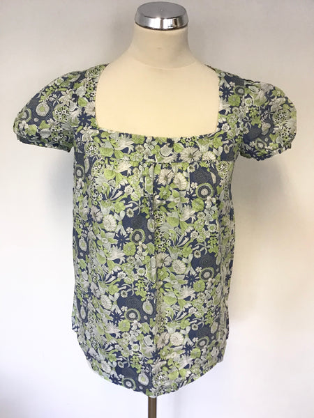 WHISTLES BLUE,WHITE & GREEN FLORAL PRINT COTTON SHORT SLEEVE TOP SIZE 8