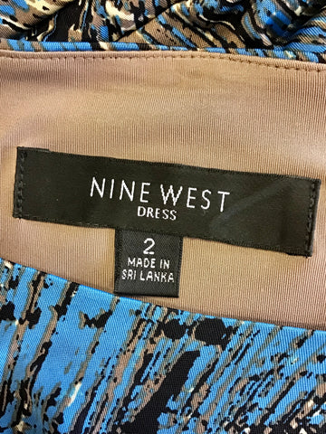 NINE WEST TURQOUISE,BLACK,CREAM & BROWN PRINT SHORT SLEEVE STRETCH DRESS SIZE 2 UK 10