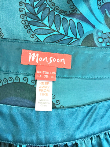 MONSOON TURQOUISE & BLUE PRINT SILK LONG SLEEVE SHIFT DRESS SIZE 10