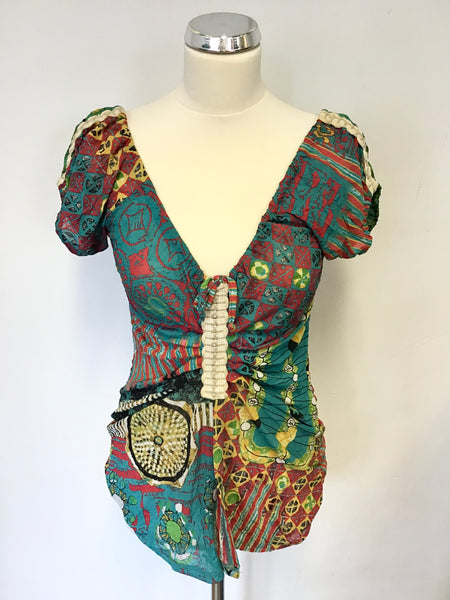 SAVE THE QUEEN MULTI COLOURED PRINT CAP SLEEVE TIE FRONT TOP SIZE L