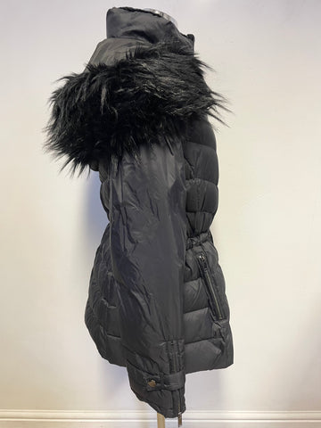 MINT VELVET BLACK DETACHABLE FUR TRIMMED HOODED PADDED JACKET SIZE 16