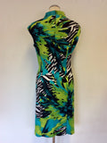 FRANK LYMAN TURQOUISE & GREEN TROPICAL PRINT PENCIL DRESS SIZE 12