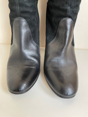 HOBBS BLACK SUEDE & LEATHER SLIM LEG HEELED BOOTS SIZE 4/37