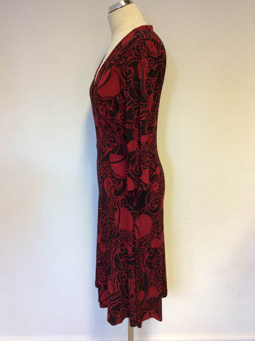 PHASE EIGHT RED & BLACK PRINT 3/4 SLEEVE WRAP DRESS SIZE 12