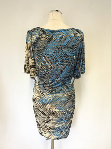 NINE WEST TURQOUISE,BLACK,CREAM & BROWN PRINT SHORT SLEEVE STRETCH DRESS SIZE 2 UK 10