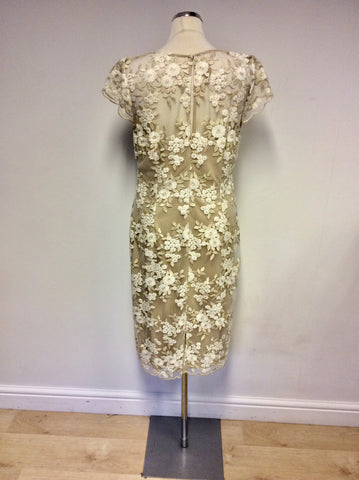 BRAND NEW GINA BACCONI GOLD & WHITE EMBROIDERED SPECIAL OCCASION DRESS SIZE 14
