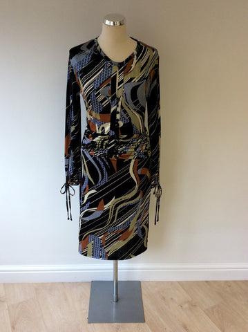 VANDENVOS BLACK & MULTI COLOURED PRINT STRETCH DRESS SIZE 3 UK 12