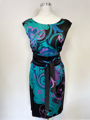 MARELLA BLACK & MULTICOLOURED PRINT 100% SILK TIE WAIST SHIFT DRESS SIZE 6/8
