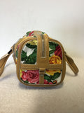KAREN MILLEN FLORAL ROSE PRINT COTTON & TAN LEATHER TRIM HAND BAG