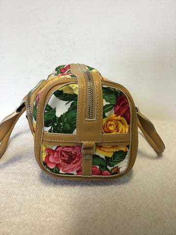 KAREN MILLEN FLORAL ROSE PRINT COTTON & TAN LEATHER TRIM HAND BAG