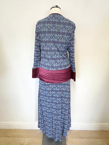 LOOKING GLASS BLUE & BURGUNDY PRINT STRETCH JERSEY MIDI DRESS SIZE 10