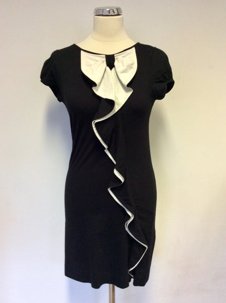 TED BAKER BLACK & WHITE FRILL TRIM STRETCH PENCIL DRESS SIZE 2 UK 10/12