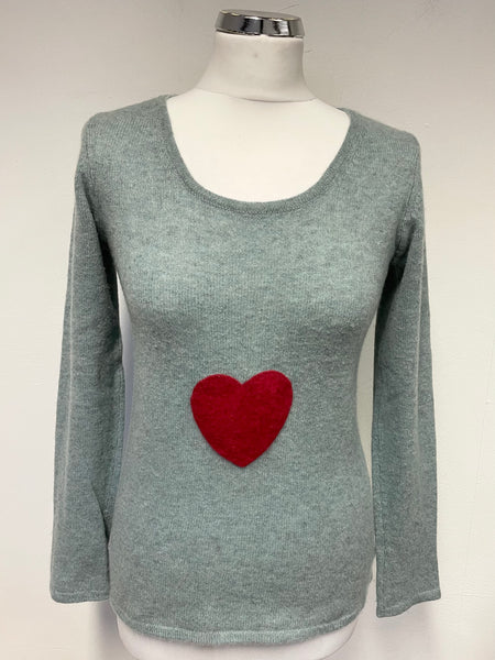 PURE COLLECTION DUCK EGG & RED HEART TRIM CASHMERE JUMPER SIZE 10