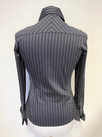 KAREN MILLEN NAVY STRIPE COLLARED FRILLED FRONT LONG SLEEVE SHIRT SIZE