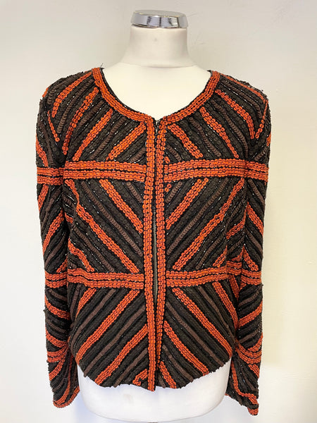 MARCCAIN BLACK, BROWN & ORANGE SEQUINNED & BEADED SPECIAL OCCASION/ EVENING JACKET SIZE 4 UK 14