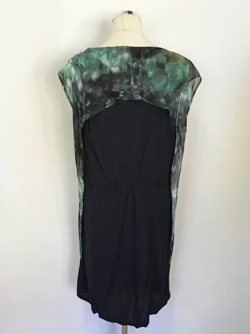 REISS BLACK & GREEN PRINT SILK FRONT OVERLAY SLEEVELESS PENCIL DRESS SIZE 14