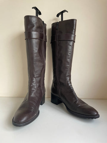 GEOX RESPIRA DARK BROWN LEATHER SILVER BUCKLE TRIM KNEE LENGTH BOOTS SIZE 7/40