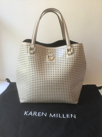 KAREN MILLEN CREAM & BLACK LINED HOLE PUNCHED LEATHER TOTE/ HAND BAG