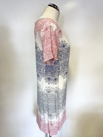 WHITE STUFF RED,WHITE & BLUE PRINT SHORT SLEEVE SHIFT DRESS SIZE 14