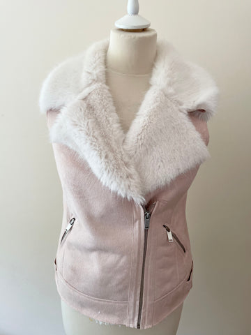 MINT VELVET PINK SUEDETTE FAUX FUR TRIMMED GILET SIZE 8