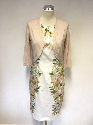 HOBBS WHITE & PALE PINK FLORAL PRINT PENCIL DRESS & MATCHING BOLERO CARDIGAN SIZE 10