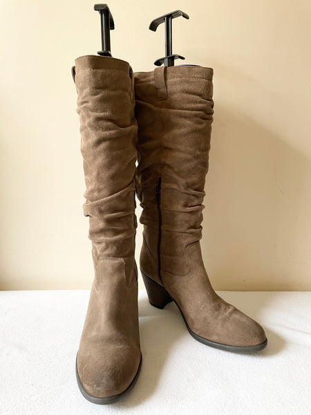 WHITE STUFF LIGHT BROWN SUEDE HEELED SLOUCH BOOTS SIZE 6/39