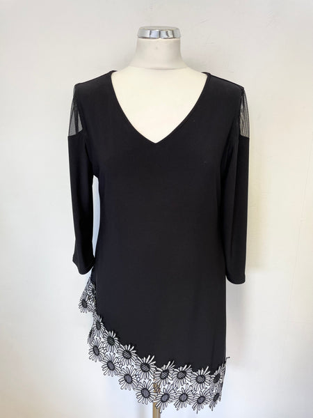 JOSEPH RIBKOFF BLACK & FLORAL LACE TRIM ASYMMETRIC 3/4 SLEEVES TUNIC TOP SIZE 14