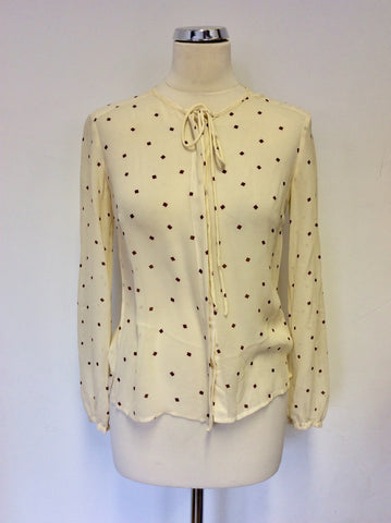 WHISTLES CREAM SILK & BROWN PRINT TIE FRONT BLOUSE SIZE 10