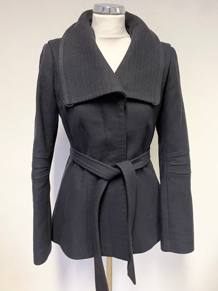 REISS CASPER BLACK WOOL BLEND COLLARED FITTED BELTED JACKET SIZE S