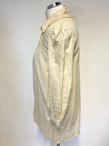 PERUVIAN CONNECTION CREAM LACE TRIMMED PIMA COTTON SMOCK BLOUSE SIZE M