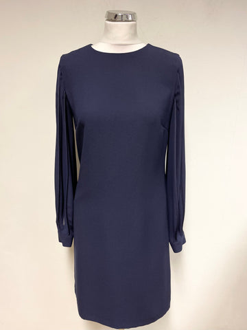 HOBBS NAVY BLUE ROUND NECK SEAM DETAILED LONG SLEEVED SHIFT DRESS SIZE 8