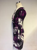 BRAND NEW DONNA KARAN PURPLE PRINT TWIST FRONT LONG SLEEVE DRESS SIZE UK 8
