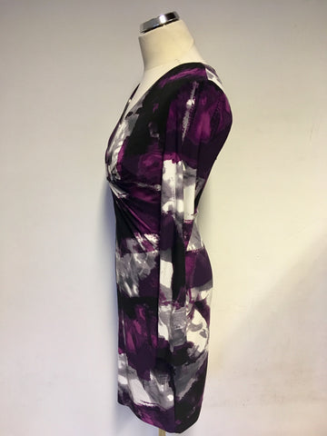 BRAND NEW DONNA KARAN PURPLE PRINT TWIST FRONT LONG SLEEVE DRESS SIZE UK 8