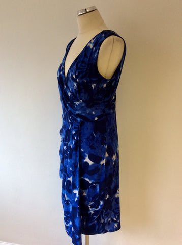 PHASE EIGHT BLUE & WHITE PRINT WRAP ACROSS DRESS SIZE 16