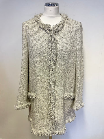 PURE COLLECTION CREAM & BLACK WEAVE FLECK FRINGE TRIMMED JACKET SIZE 14
