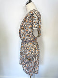 WHISTLES IVORY,CORAL & BLUE FLORAL PRINT CAP SLEEVE SILK DRESS SIZE 10