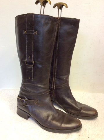 FILANTO DARK BROWN LEATHER BUCKLE TRIM BOOTS SIZE 7.5/41