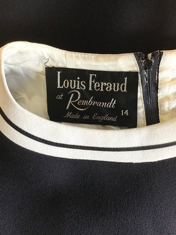 VINTAGE LOUIS FERAUD NAVY BLUE & WHITE TRIM FIT & FLARE DRESS SIZE 14 FIT UK 12