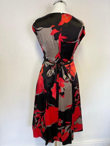 TED BAKER BLACK,GREY & RED FLORAL PRINT SILK SPECIAL OCCASION DRESS SIZE 2 Uk 10