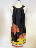 HOBBS BLACK, LIME,ORANGE & BROWN SILK OPEN SHOULDER SHIFT DRESS SIZE 12