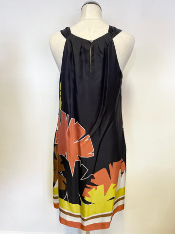 HOBBS BLACK, LIME,ORANGE & BROWN SILK OPEN SHOULDER SHIFT DRESS SIZE 12