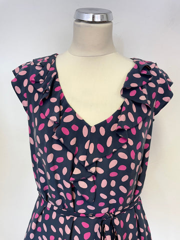 HOBBS NW3 BLUE & PINK SPOT SILK FRILL NECKLINE CAP SLEEVE TIE BELT DRESS SIZE 12