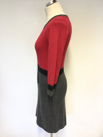 HOBBS RED,BLACK & GREY LONG SLEEVE SILK & CASHMERE BLEND KNIT DRESS SIZE 10