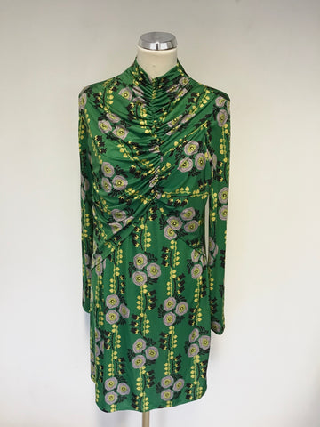 BRAND NEW ZARA GREEN FLORAL PRINT LONG SLEEVE STRETCH RUCHED TOP DRESS SIZE L